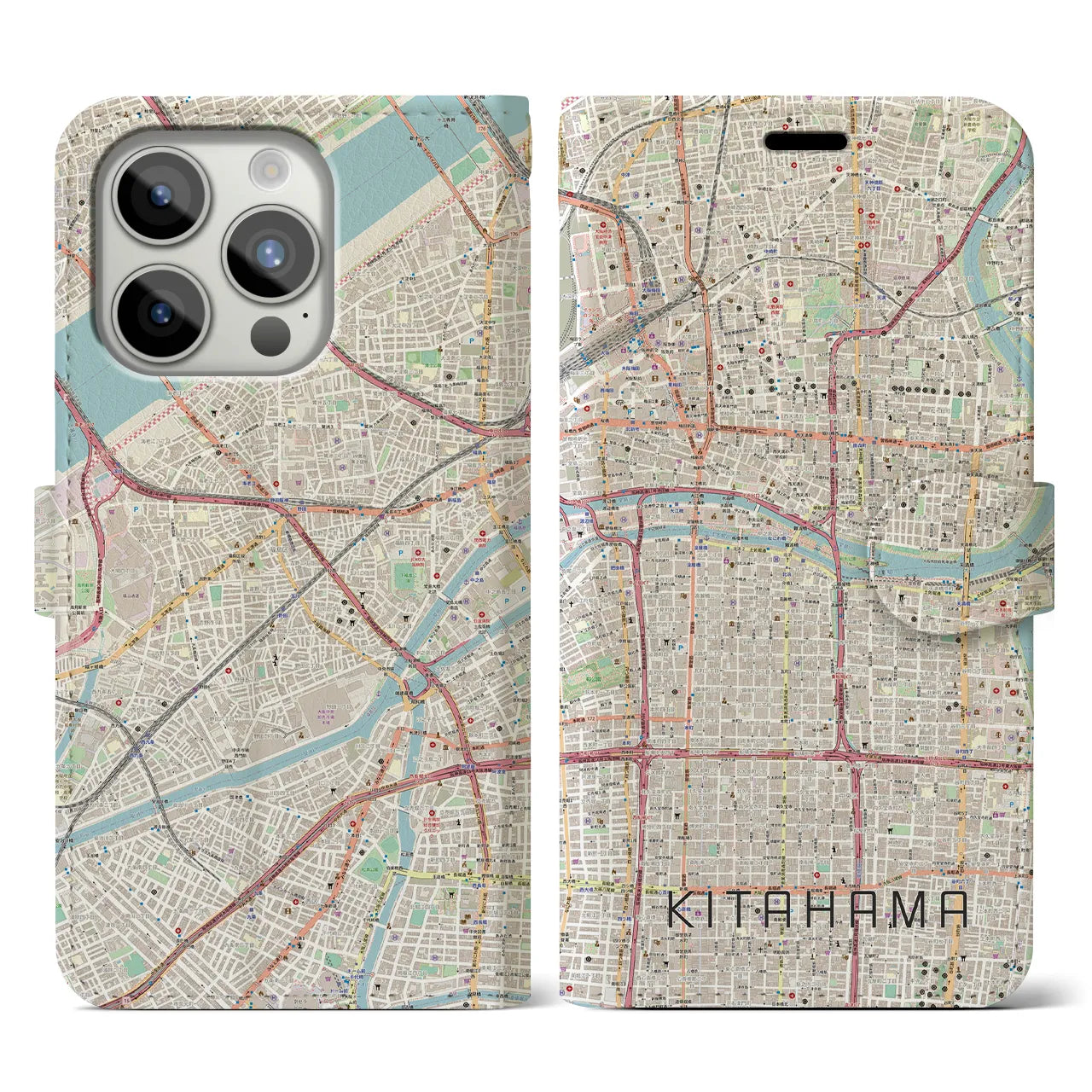 【北浜(大阪府)】地図柄iPhoneケース(手帳タイプ)ナチュラル・iPhone 15 Pro 用