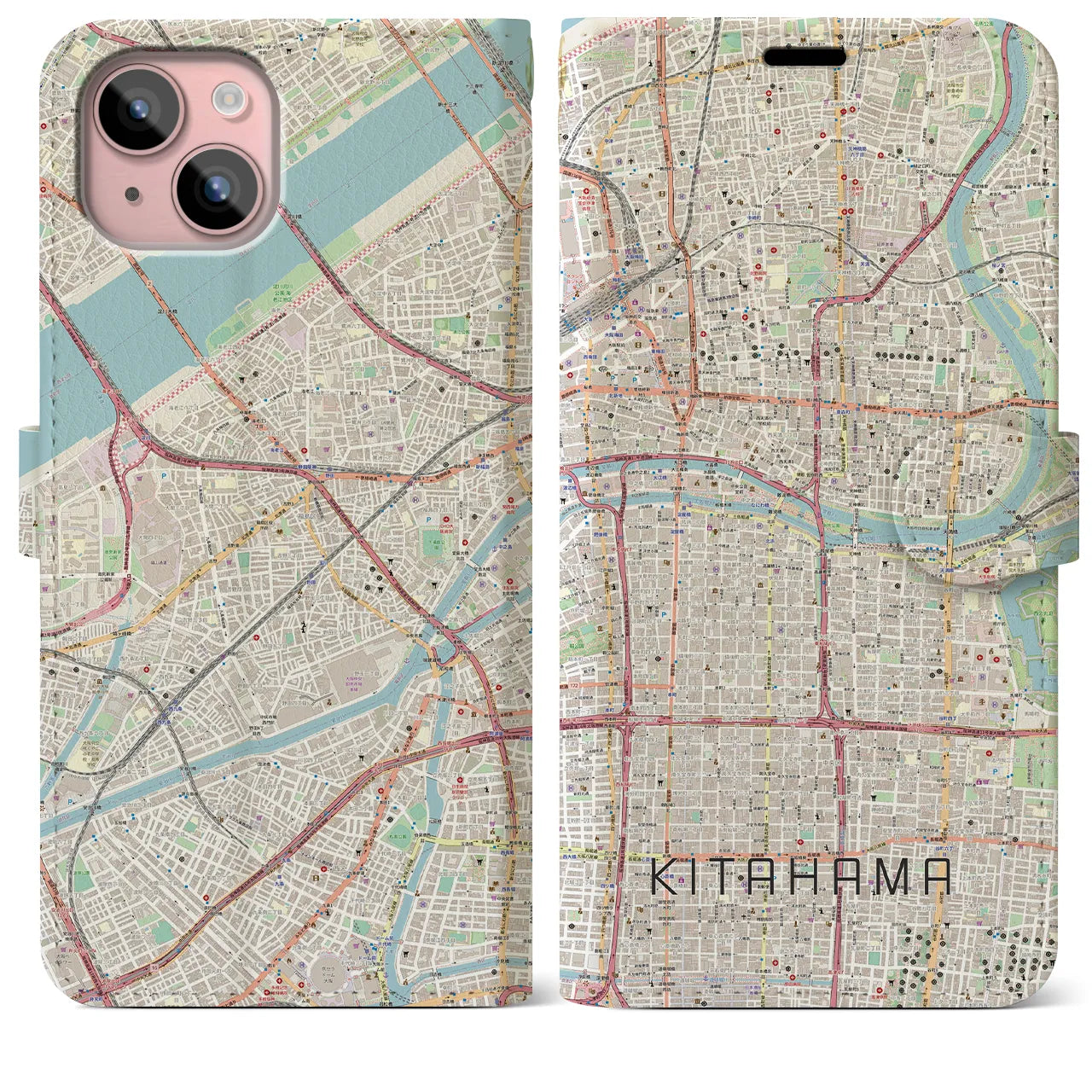 【北浜(大阪府)】地図柄iPhoneケース(手帳タイプ)ナチュラル・iPhone 15 Plus 用