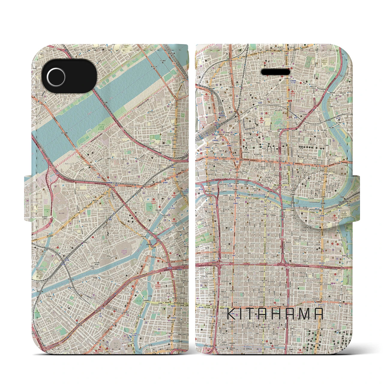 【北浜(大阪府)】地図柄iPhoneケース(手帳タイプ)ナチュラル・iPhone SE(第3 / 第2世代) / 8 / 7 / 6s / 6 用
