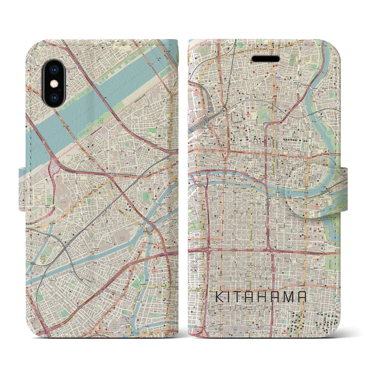 【北浜(大阪府)】地図柄iPhoneケース(手帳タイプ)ナチュラル・iPhone XS / X 用