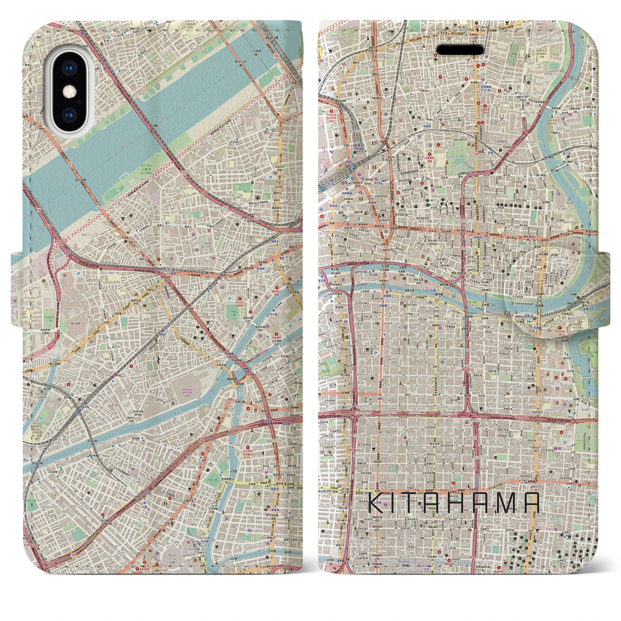 【北浜(大阪府)】地図柄iPhoneケース(手帳タイプ)ナチュラル・iPhone XS Max 用