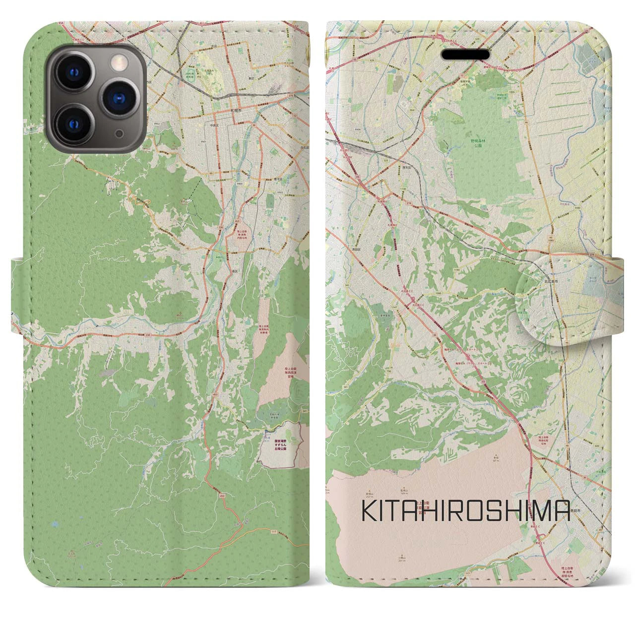 【北広島2(北海道)】地図柄iPhoneケース(手帳タイプ)ナチュラル・iPhone 11 Pro Max 用