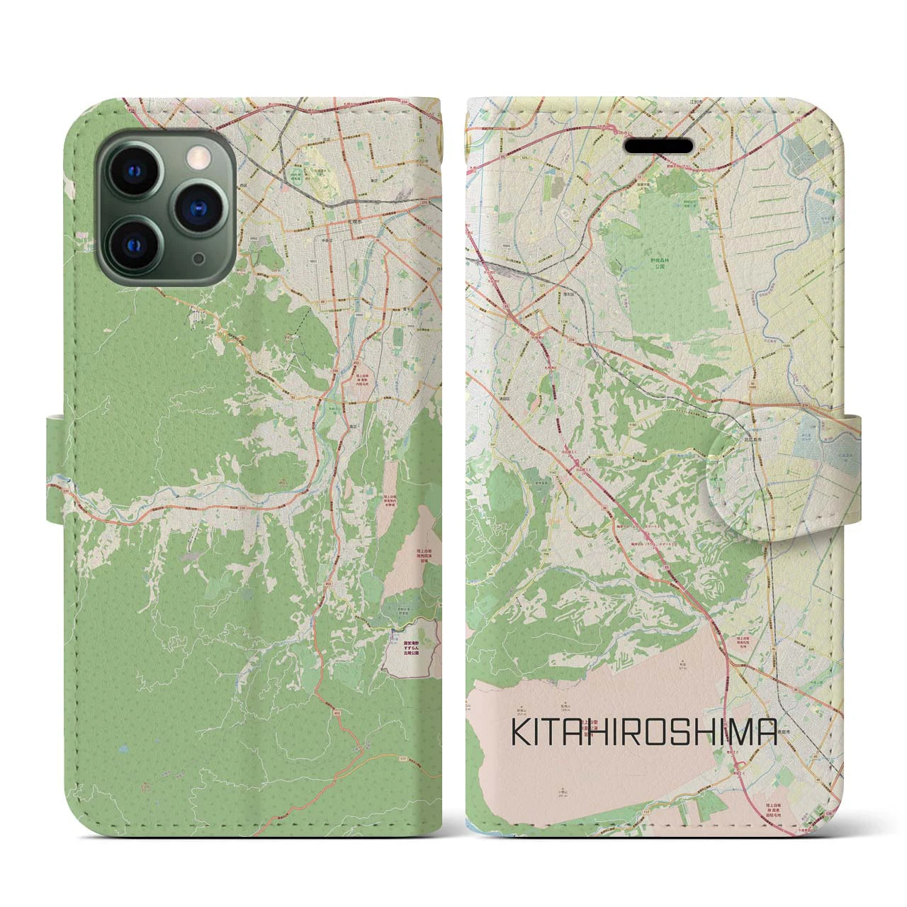 【北広島2(北海道)】地図柄iPhoneケース(手帳タイプ)ナチュラル・iPhone 11 Pro 用