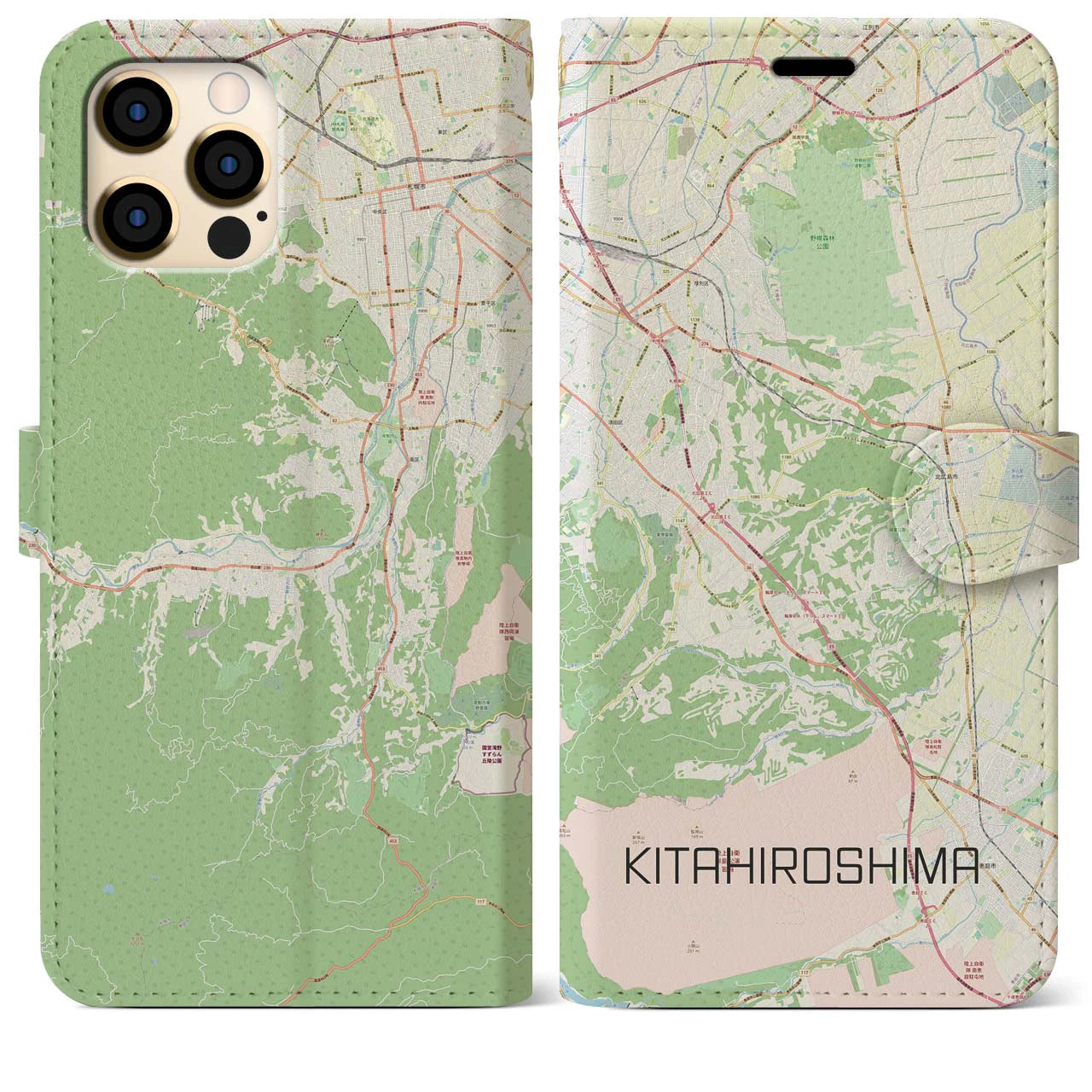 【北広島2(北海道)】地図柄iPhoneケース(手帳タイプ)ナチュラル・iPhone 12 Pro Max 用