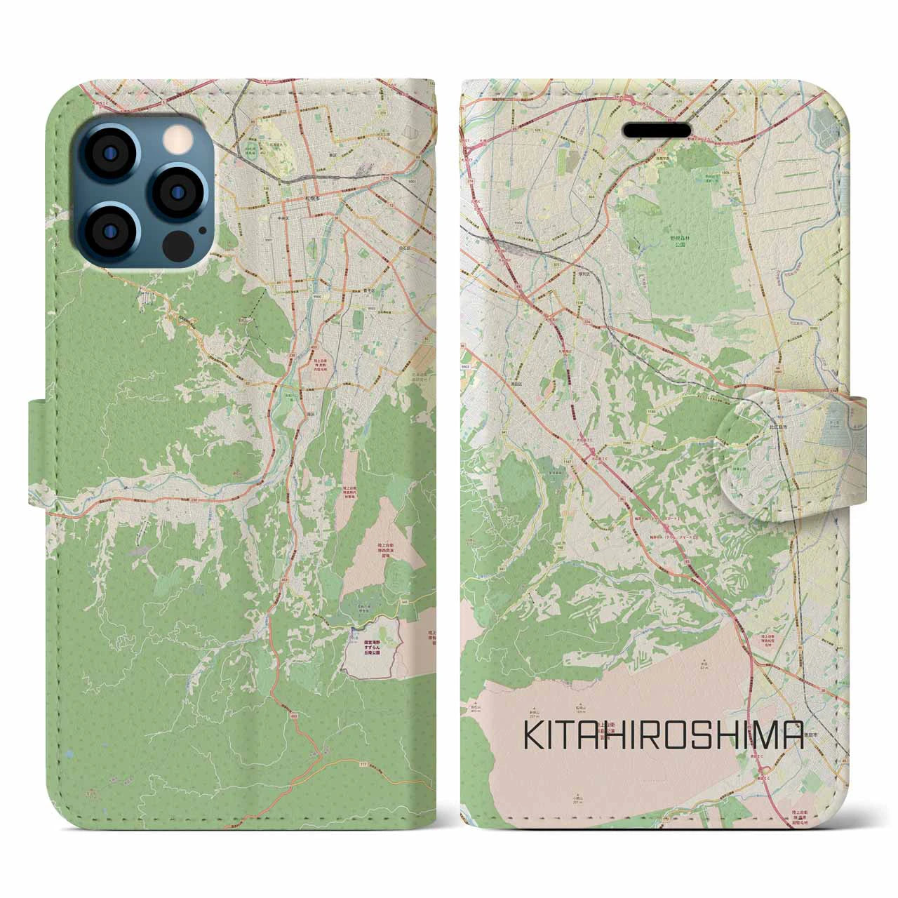 【北広島2(北海道)】地図柄iPhoneケース(手帳タイプ)ナチュラル・iPhone 12 / 12 Pro 用
