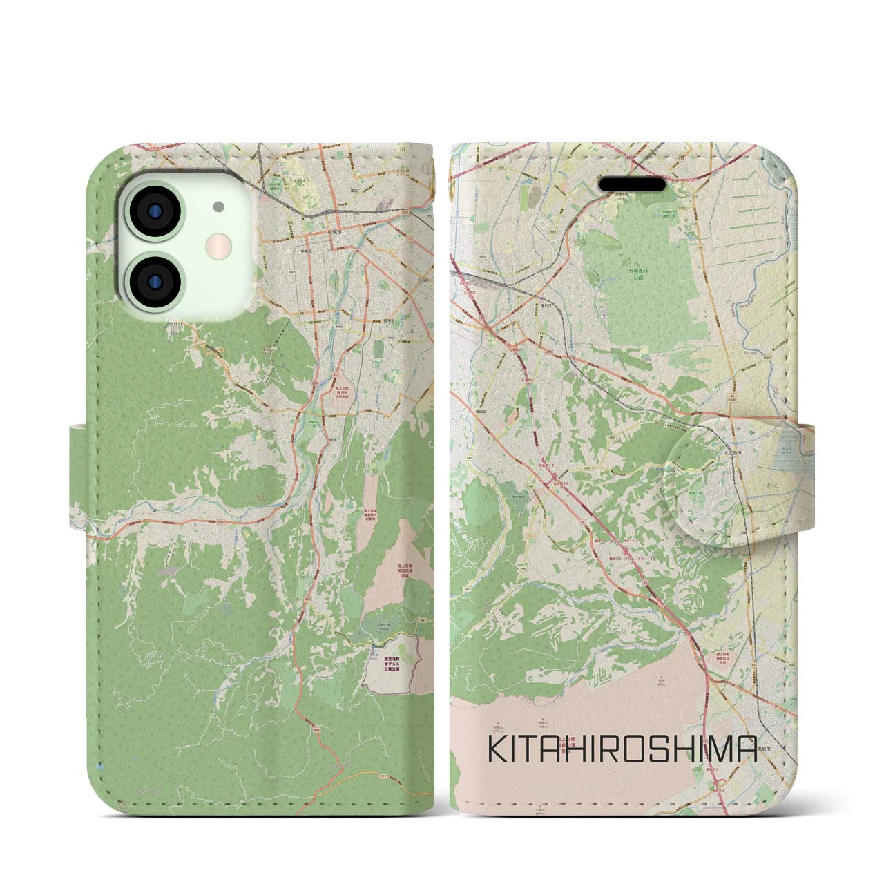 【北広島2(北海道)】地図柄iPhoneケース(手帳タイプ)ナチュラル・iPhone 12 mini 用