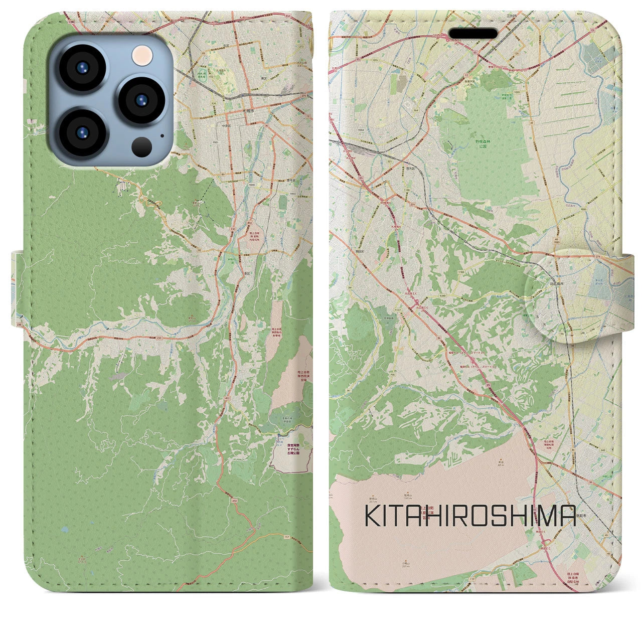 【北広島2(北海道)】地図柄iPhoneケース(手帳タイプ)ナチュラル・iPhone 13 Pro Max 用
