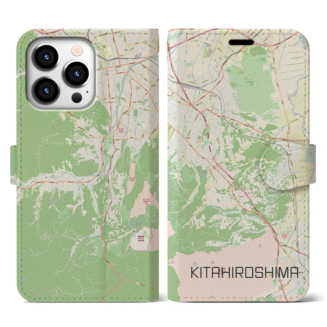 【北広島2(北海道)】地図柄iPhoneケース(手帳タイプ)ナチュラル・iPhone 13 Pro 用