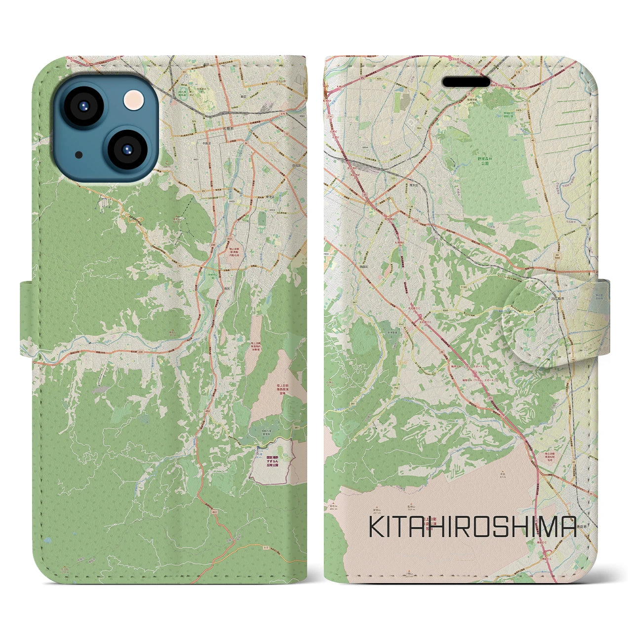 【北広島2(北海道)】地図柄iPhoneケース(手帳タイプ)ナチュラル・iPhone 13 用