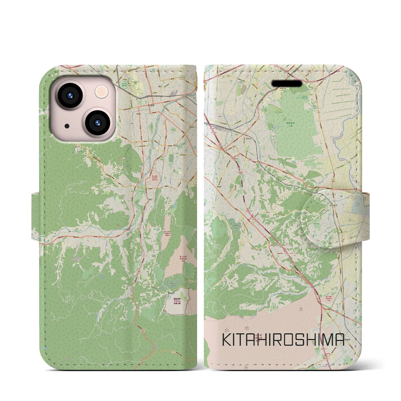 【北広島2(北海道)】地図柄iPhoneケース(手帳タイプ)ナチュラル・iPhone 13 mini 用