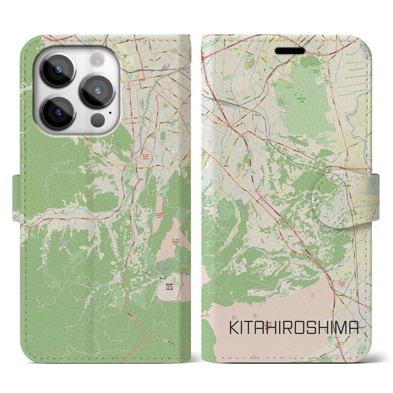 【北広島2(北海道)】地図柄iPhoneケース(手帳タイプ)ナチュラル・iPhone 14 Pro 用