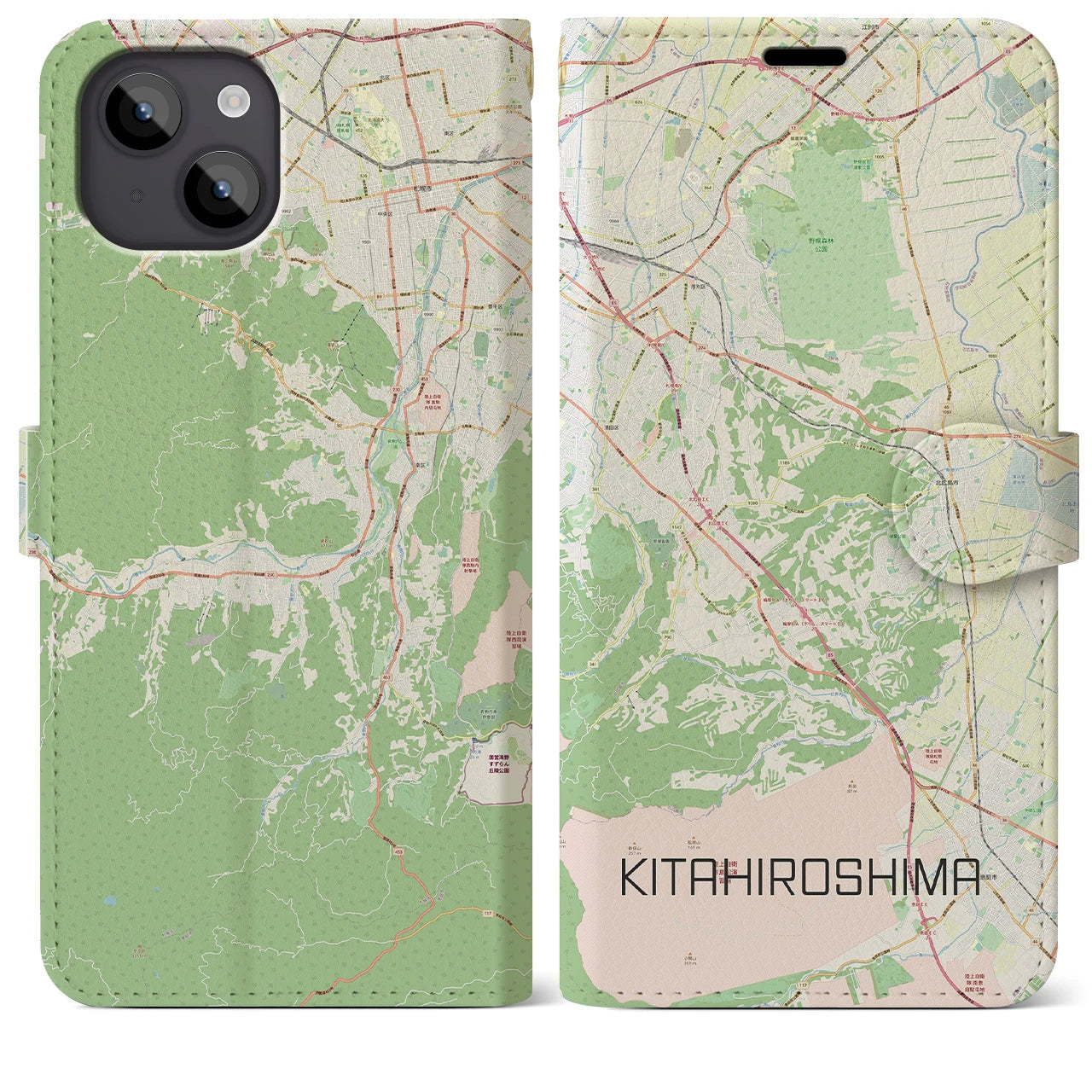 【北広島2(北海道)】地図柄iPhoneケース(手帳タイプ)ナチュラル・iPhone 14 Plus 用