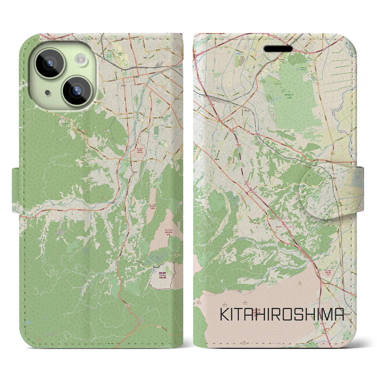 【北広島2(北海道)】地図柄iPhoneケース(手帳タイプ)ナチュラル・iPhone 15 用