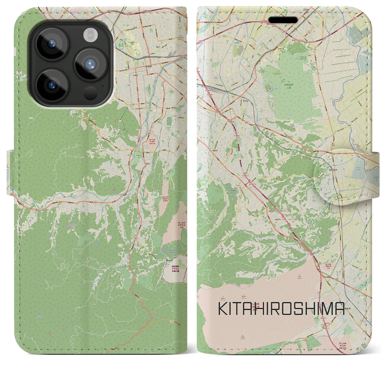 【北広島2(北海道)】地図柄iPhoneケース(手帳タイプ)ナチュラル・iPhone 15 Pro Max 用
