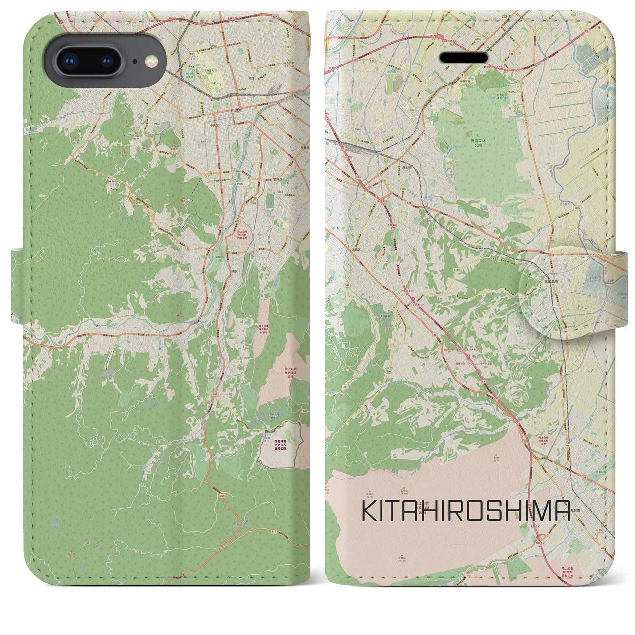 【北広島2(北海道)】地図柄iPhoneケース(手帳タイプ)ナチュラル・iPhone 8Plus /7Plus / 6sPlus / 6Plus 用