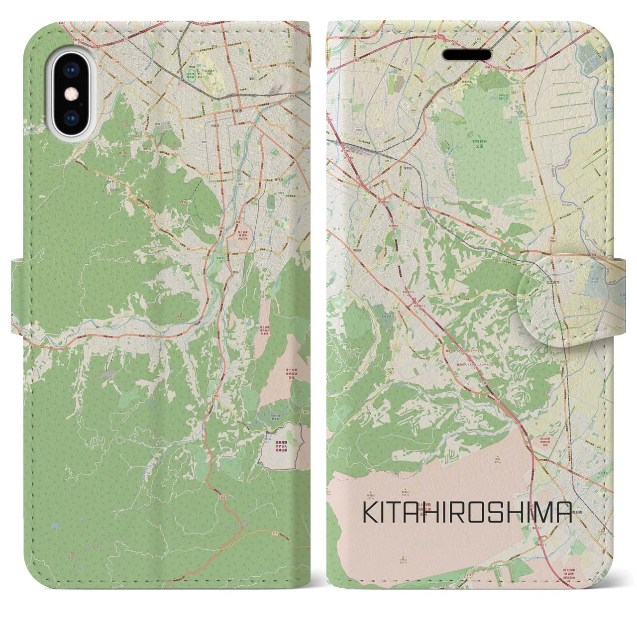 【北広島2(北海道)】地図柄iPhoneケース(手帳タイプ)ナチュラル・iPhone XS Max 用
