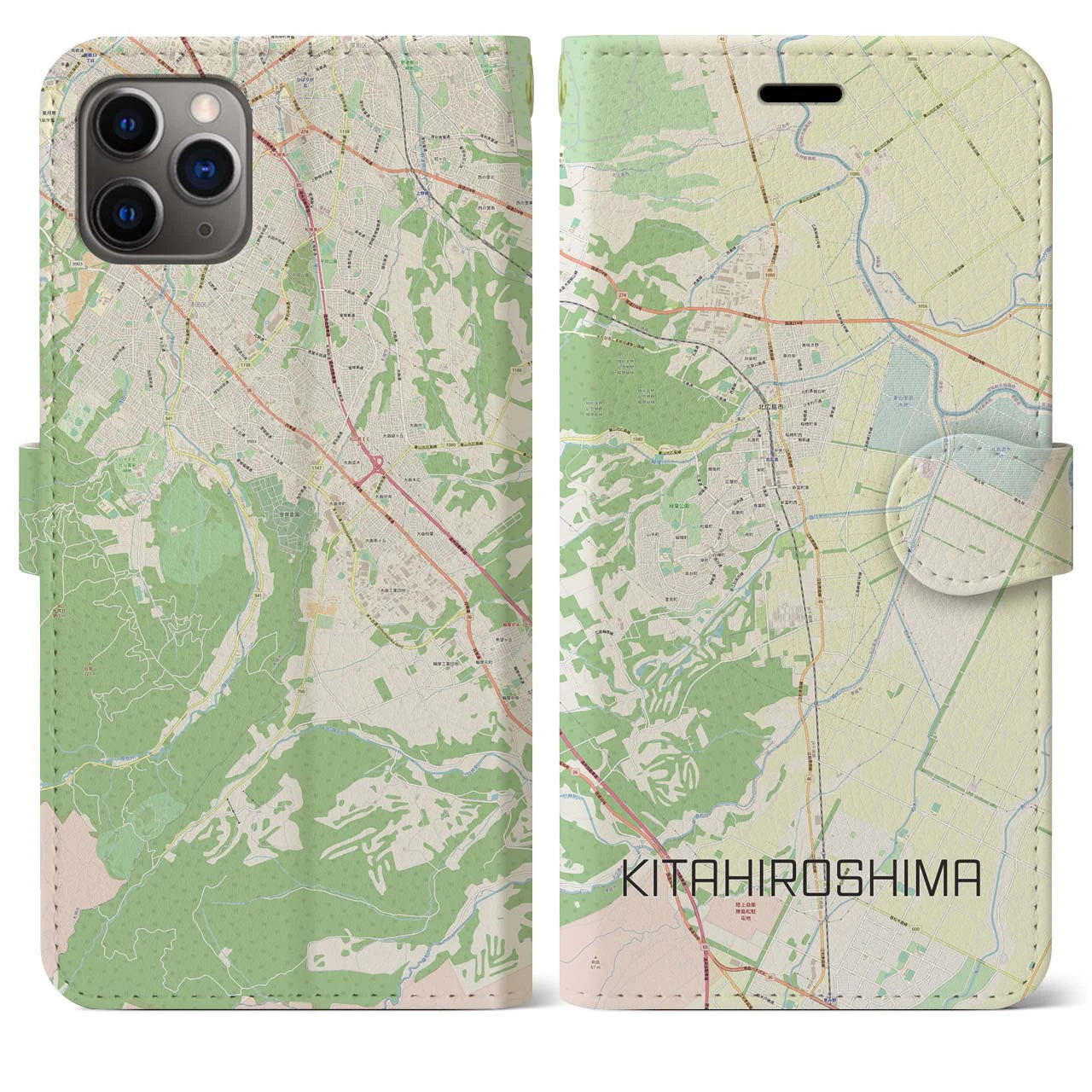 【北広島(北海道)】地図柄iPhoneケース(手帳タイプ)ナチュラル・iPhone 11 Pro Max 用