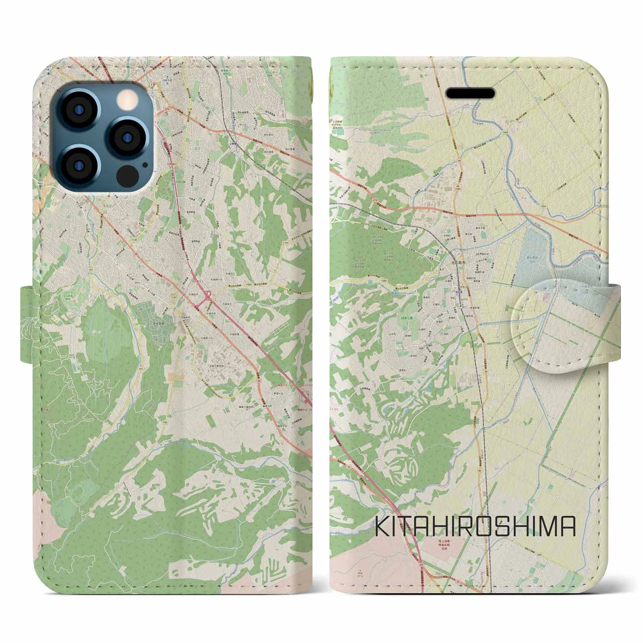 【北広島(北海道)】地図柄iPhoneケース(手帳タイプ)ナチュラル・iPhone 12 / 12 Pro 用