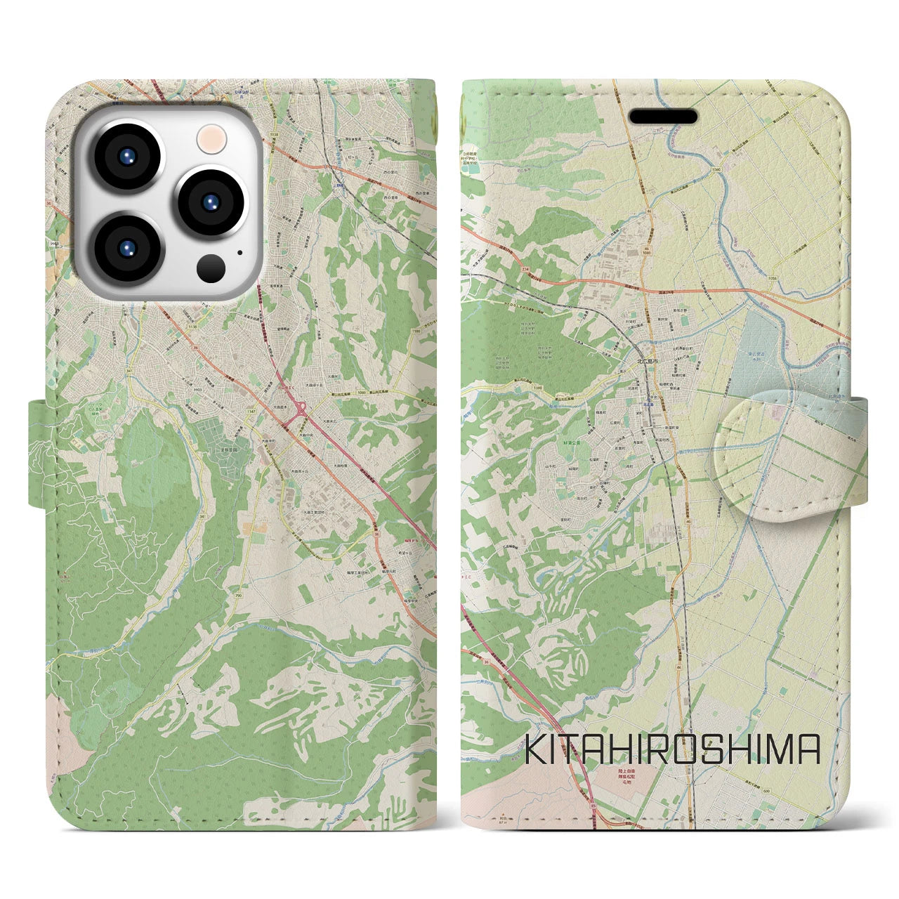 【北広島(北海道)】地図柄iPhoneケース(手帳タイプ)ナチュラル・iPhone 13 Pro 用