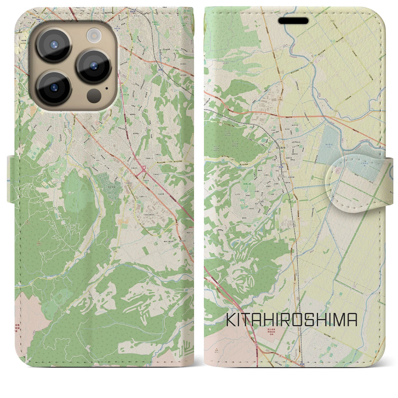 【北広島(北海道)】地図柄iPhoneケース(手帳タイプ)ナチュラル・iPhone 14 Pro Max 用