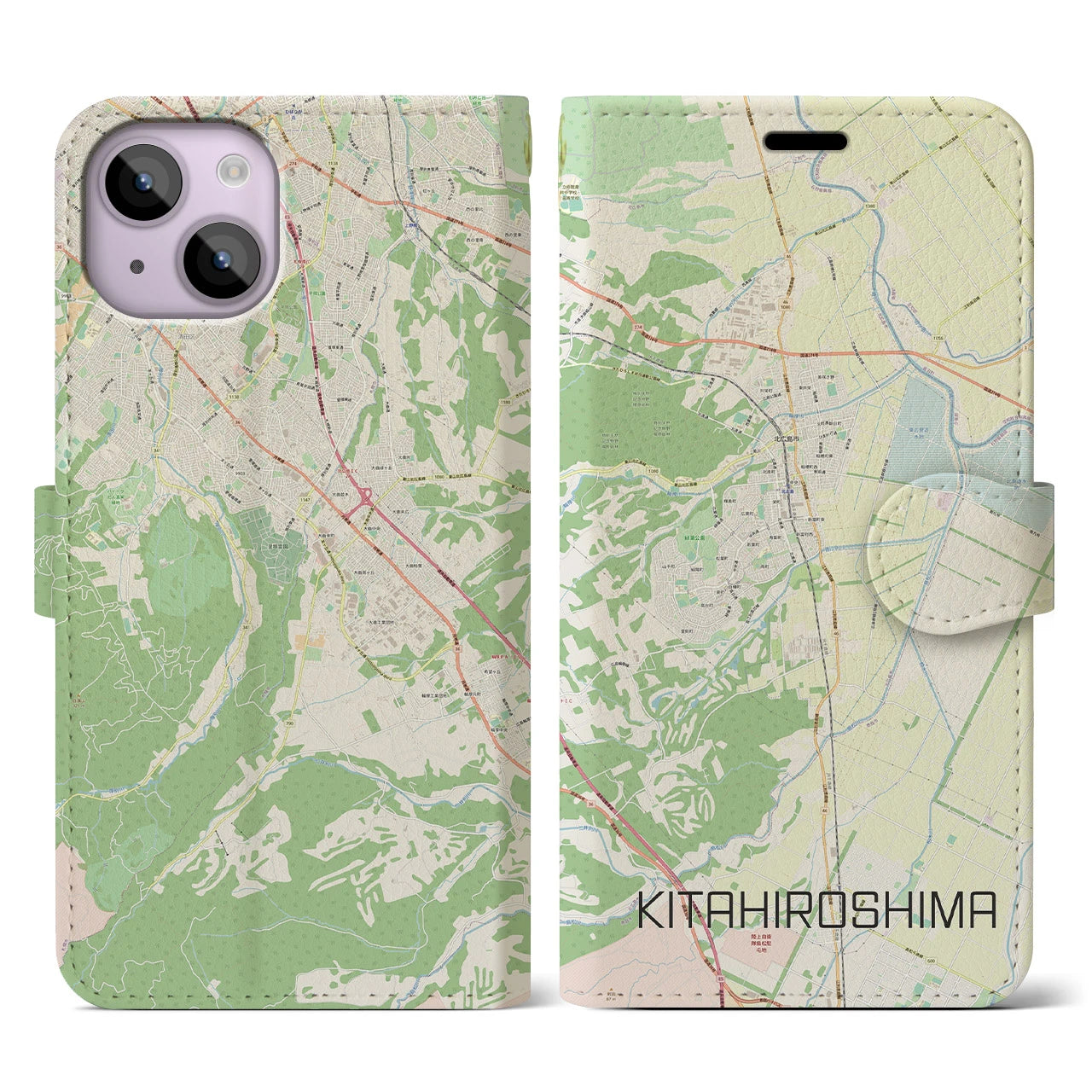 【北広島(北海道)】地図柄iPhoneケース(手帳タイプ)ナチュラル・iPhone 14 用