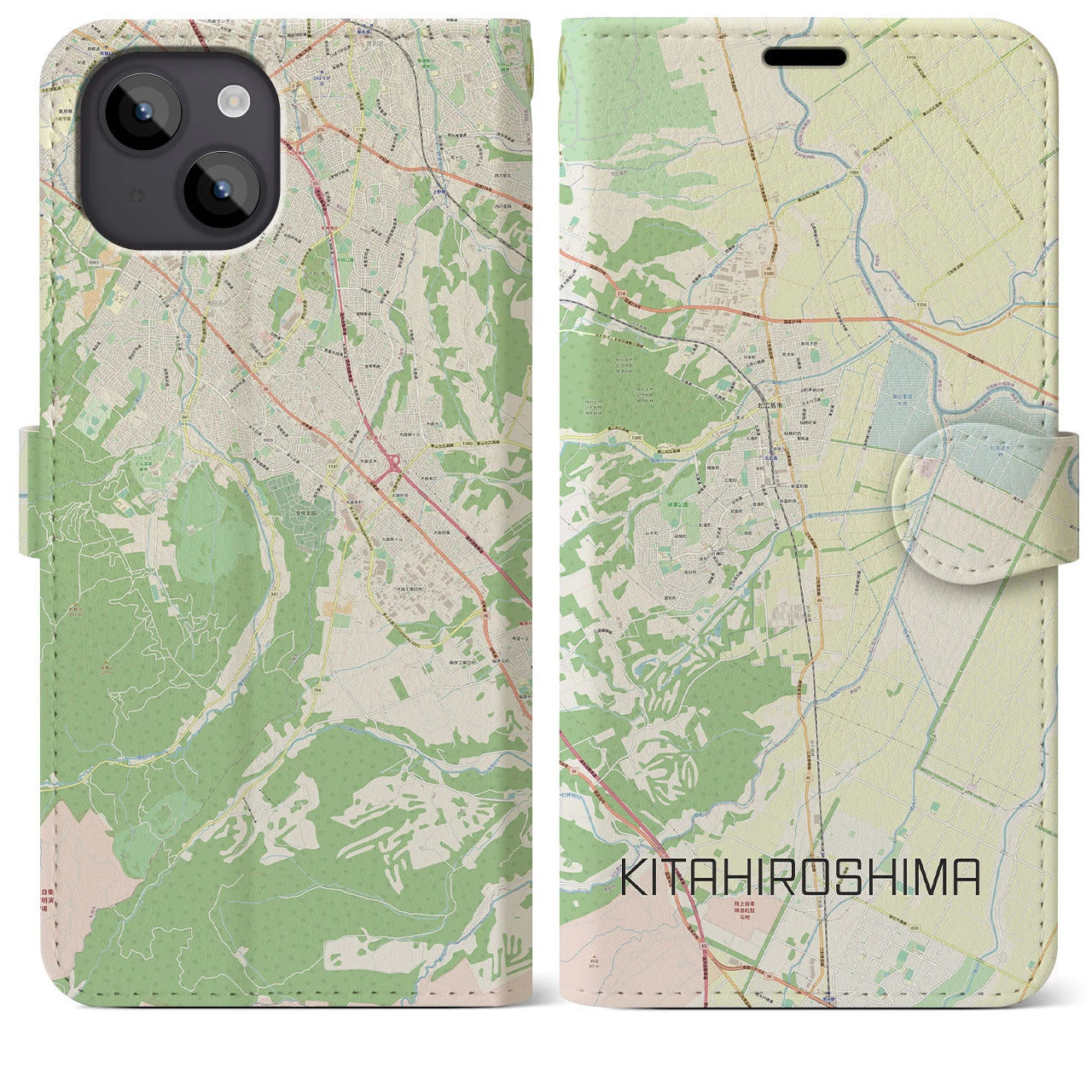 【北広島(北海道)】地図柄iPhoneケース(手帳タイプ)ナチュラル・iPhone 14 Plus 用