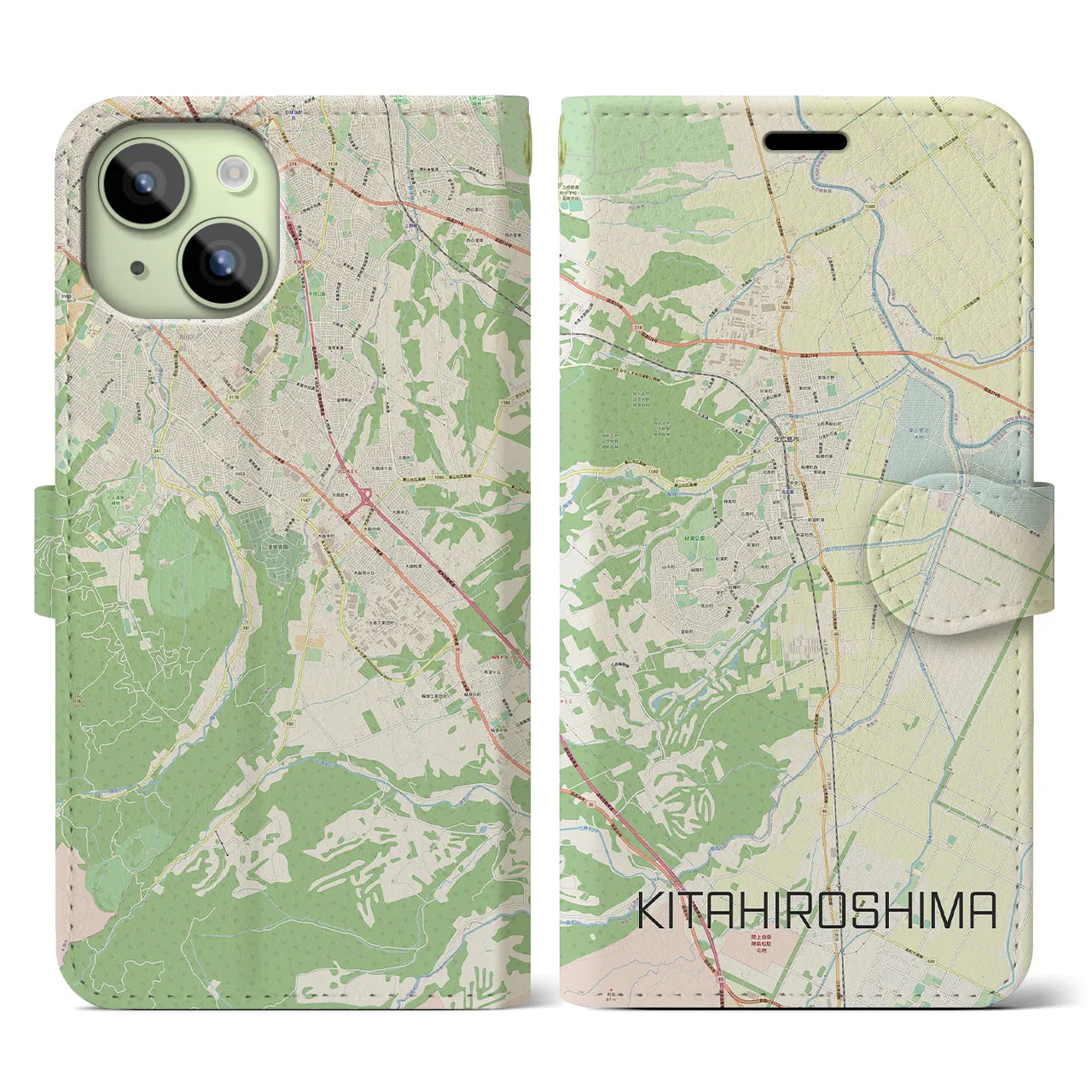 【北広島(北海道)】地図柄iPhoneケース(手帳タイプ)ナチュラル・iPhone 15 用