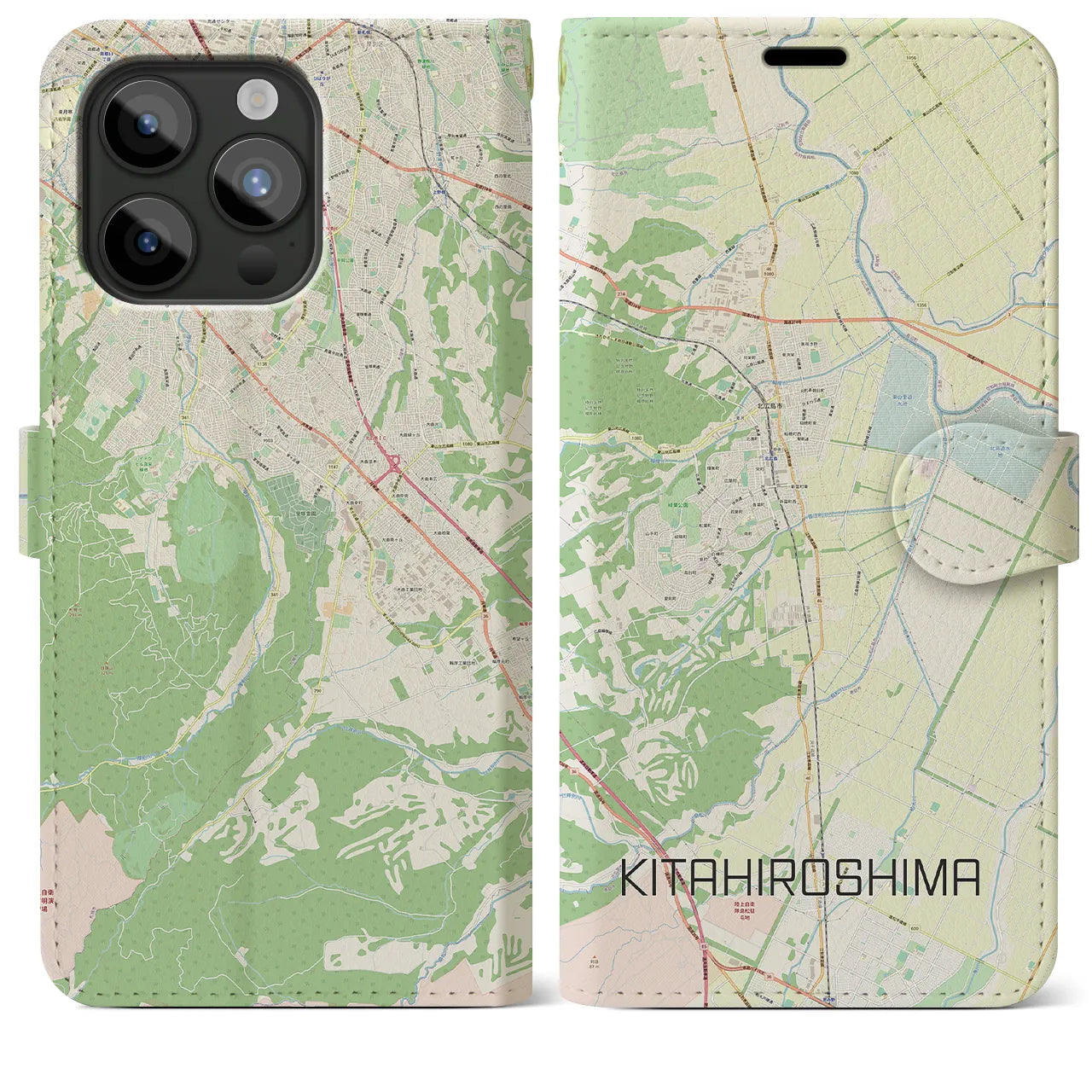 【北広島(北海道)】地図柄iPhoneケース(手帳タイプ)ナチュラル・iPhone 15 Pro Max 用