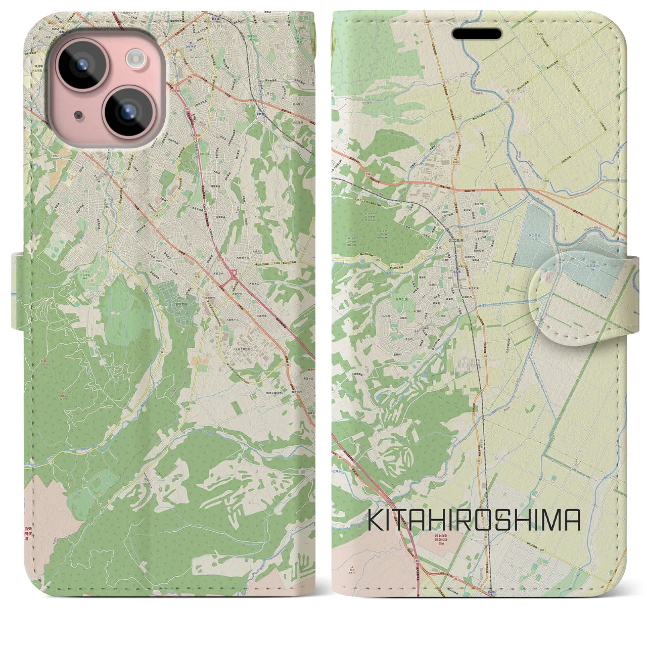 【北広島(北海道)】地図柄iPhoneケース(手帳タイプ)ナチュラル・iPhone 15 Plus 用