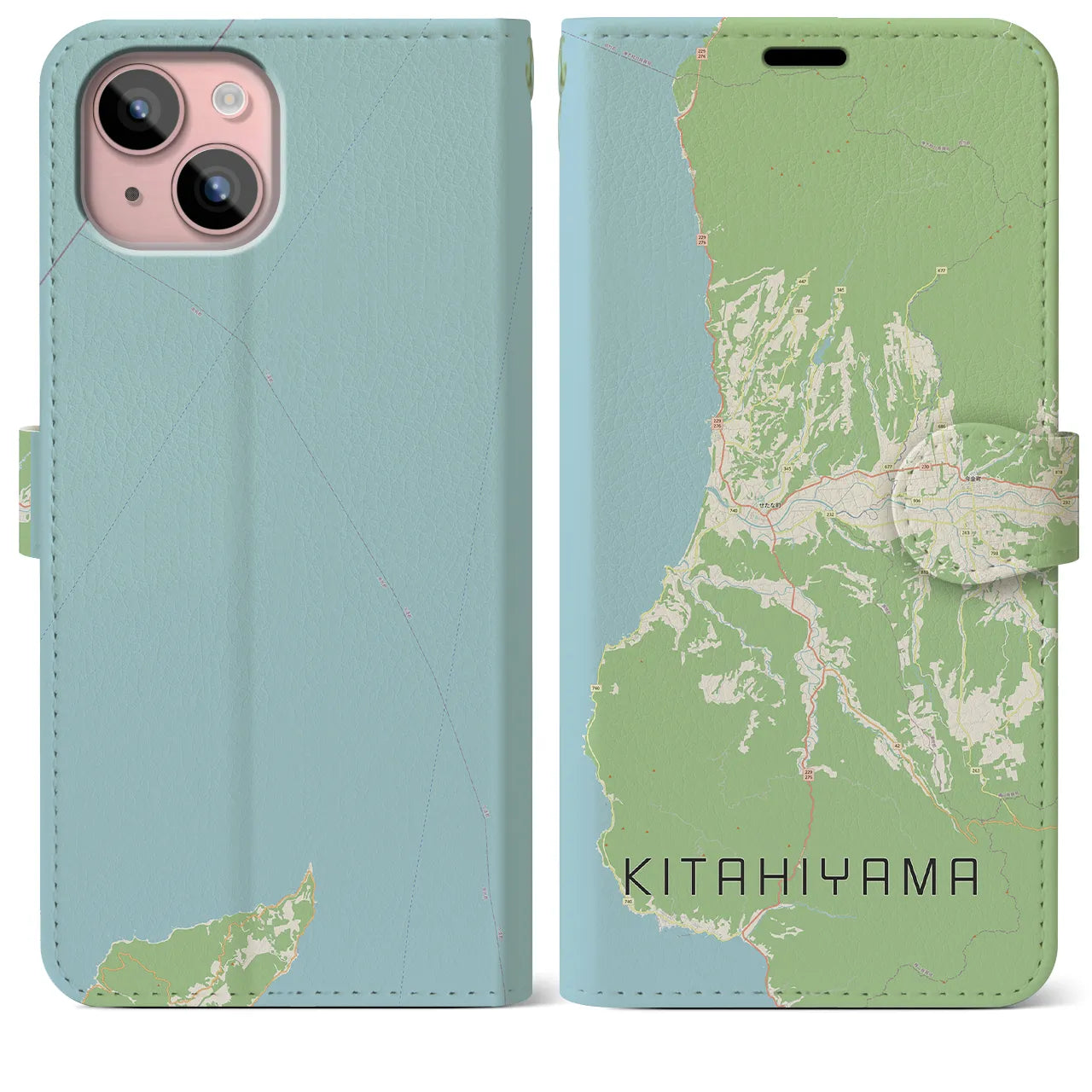 【北檜山(北海道)】地図柄iPhoneケース(手帳タイプ)ナチュラル・iPhone 15 Plus 用