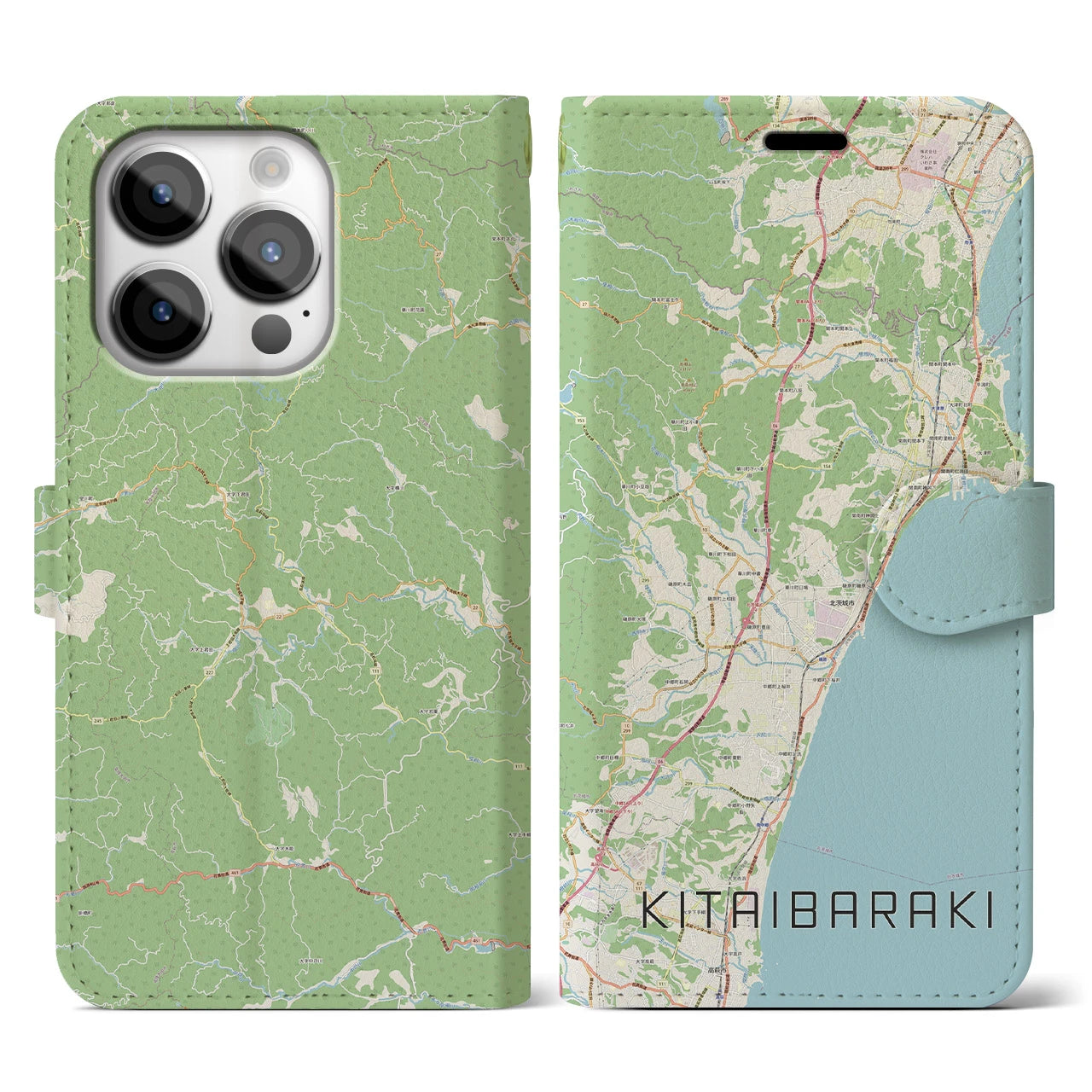 【北茨城(茨城県)】地図柄iPhoneケース(手帳タイプ)ナチュラル・iPhone 14 Pro 用