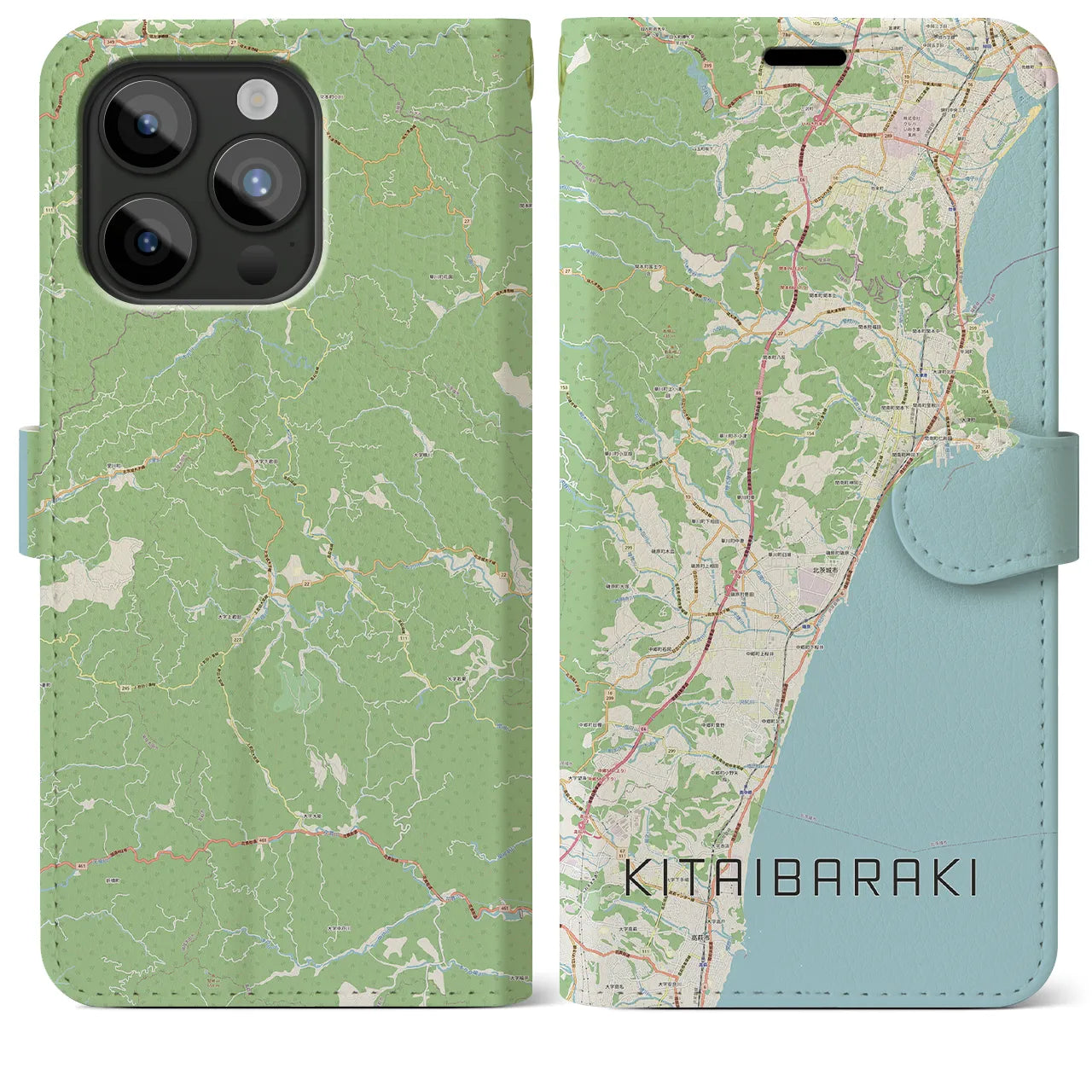 【北茨城(茨城県)】地図柄iPhoneケース(手帳タイプ)ナチュラル・iPhone 15 Pro Max 用