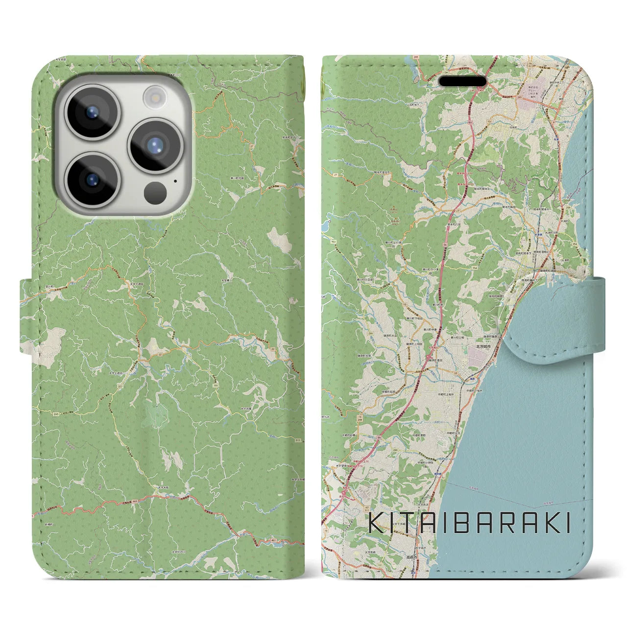 【北茨城(茨城県)】地図柄iPhoneケース(手帳タイプ)ナチュラル・iPhone 15 Pro 用
