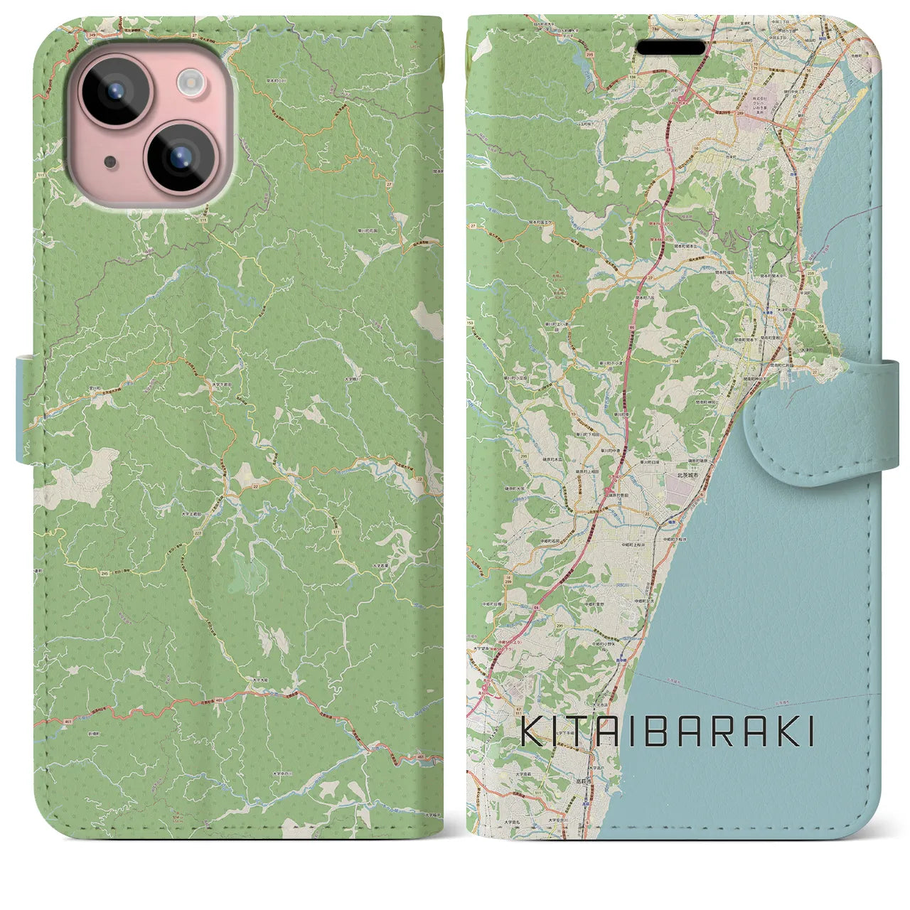 【北茨城(茨城県)】地図柄iPhoneケース(手帳タイプ)ナチュラル・iPhone 15 Plus 用