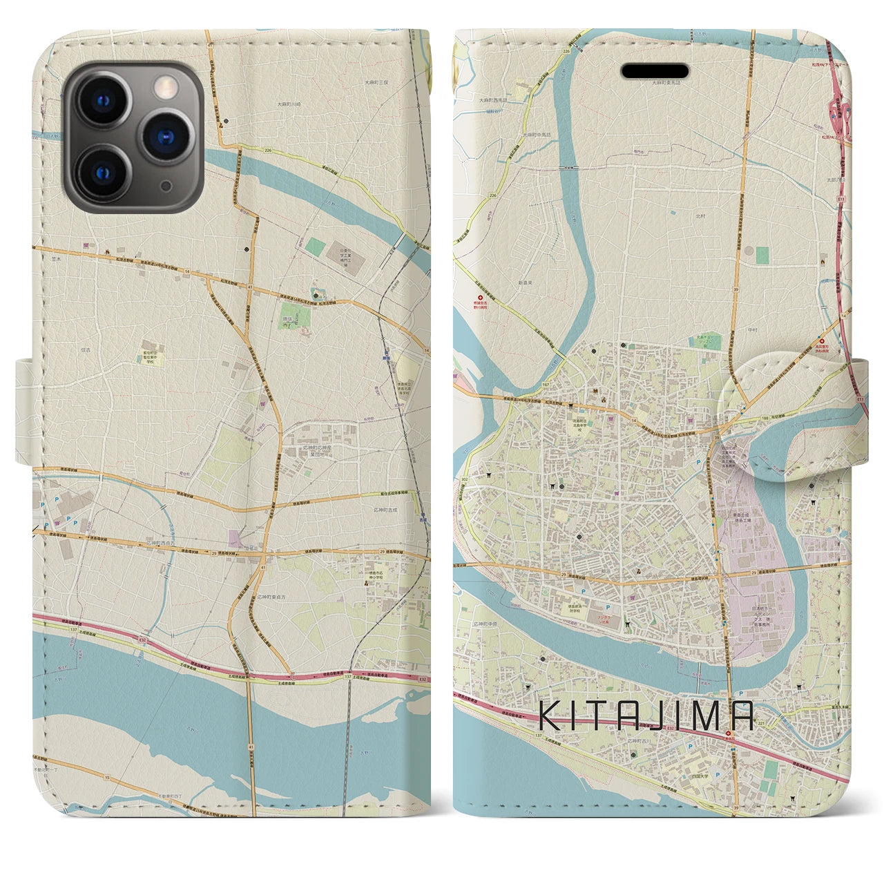 【北島(徳島県)】地図柄iPhoneケース(手帳タイプ)ナチュラル・iPhone 11 Pro Max 用