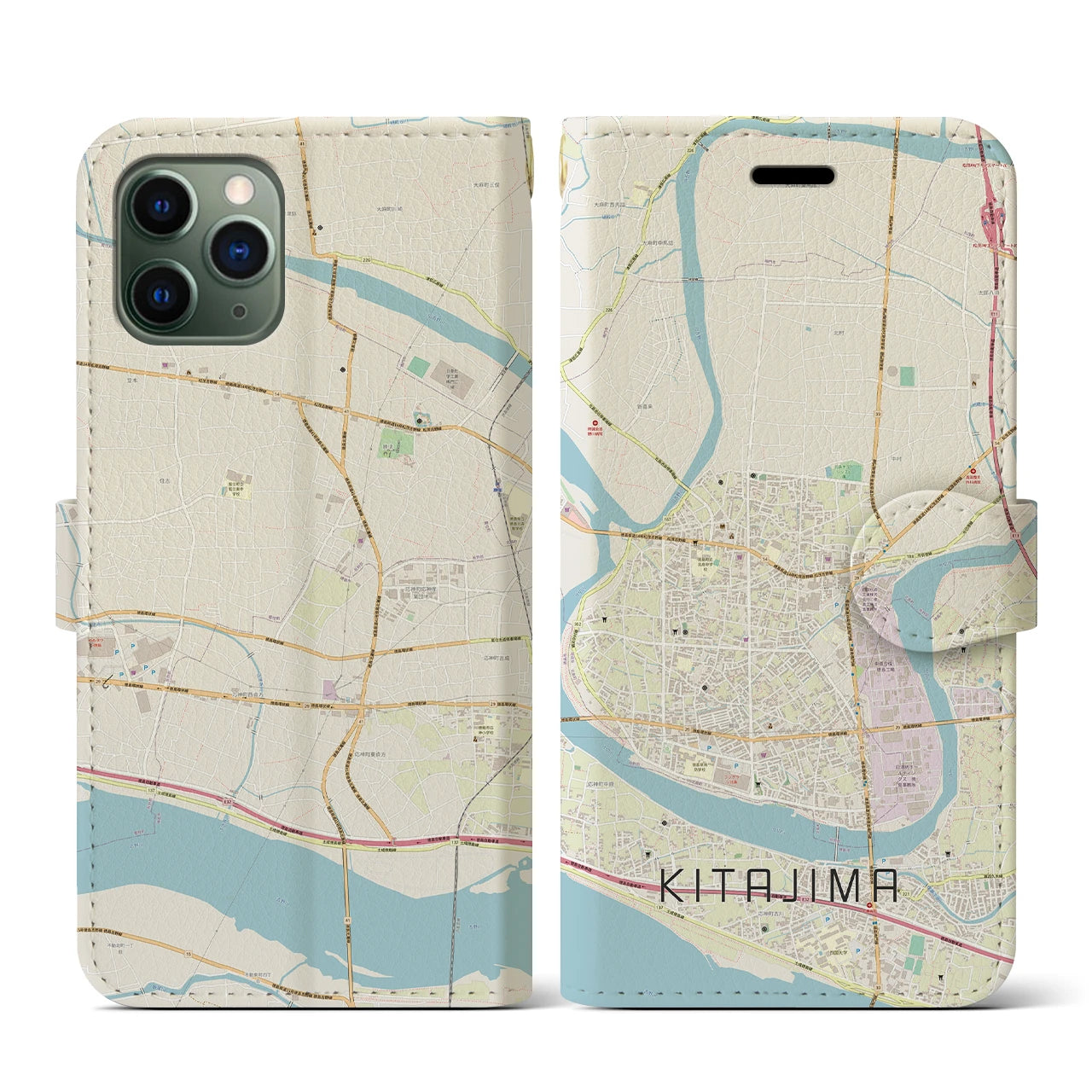 【北島(徳島県)】地図柄iPhoneケース(手帳タイプ)ナチュラル・iPhone 11 Pro 用
