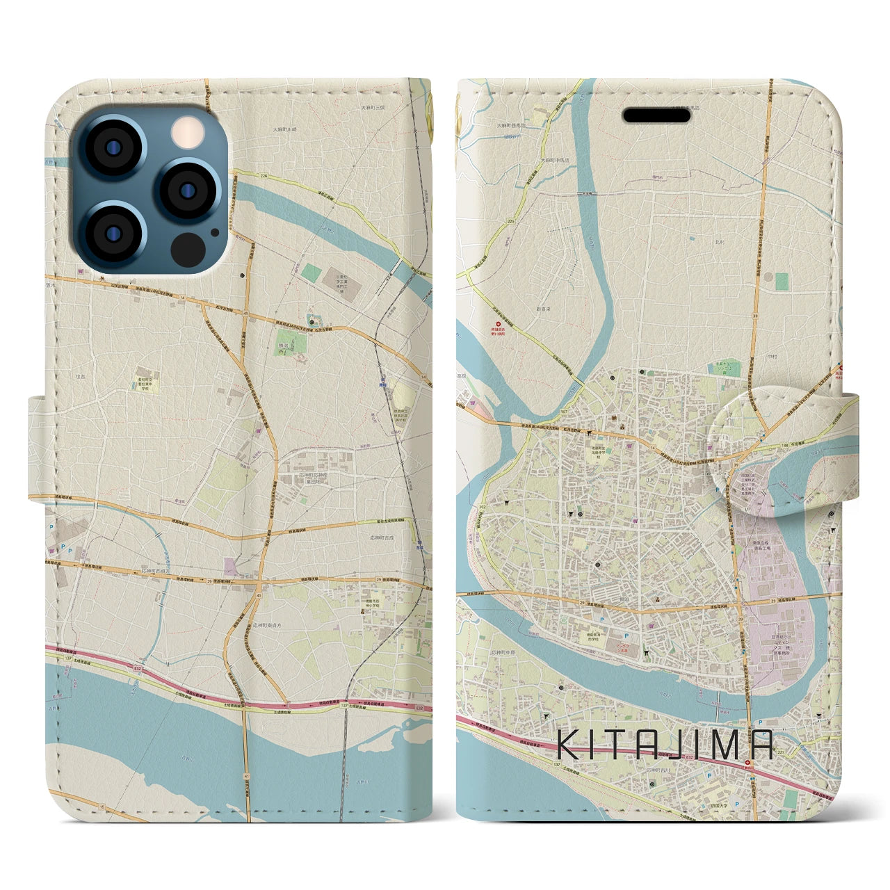 【北島(徳島県)】地図柄iPhoneケース(手帳タイプ)ナチュラル・iPhone 12 / 12 Pro 用
