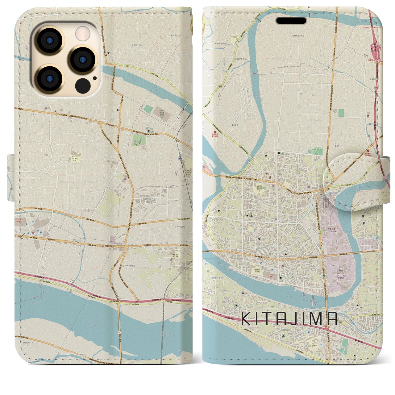 【北島(徳島県)】地図柄iPhoneケース(手帳タイプ)ナチュラル・iPhone 12 Pro Max 用