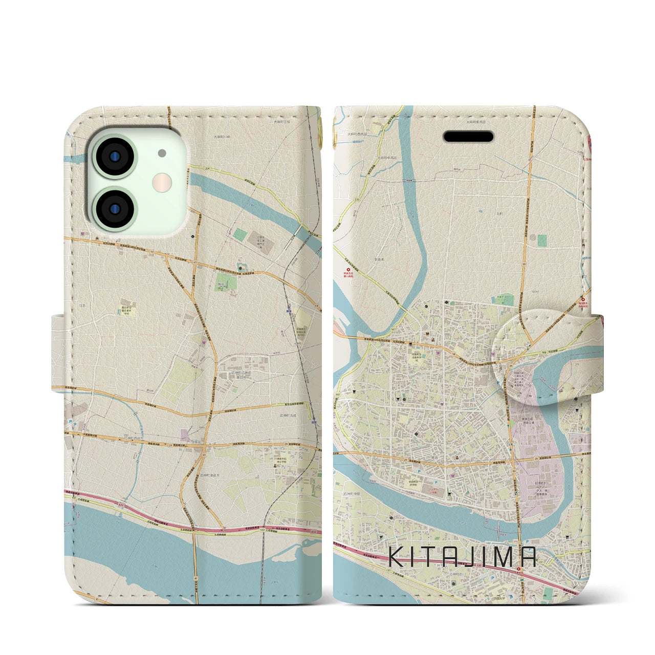 【北島(徳島県)】地図柄iPhoneケース(手帳タイプ)ナチュラル・iPhone 12 mini 用