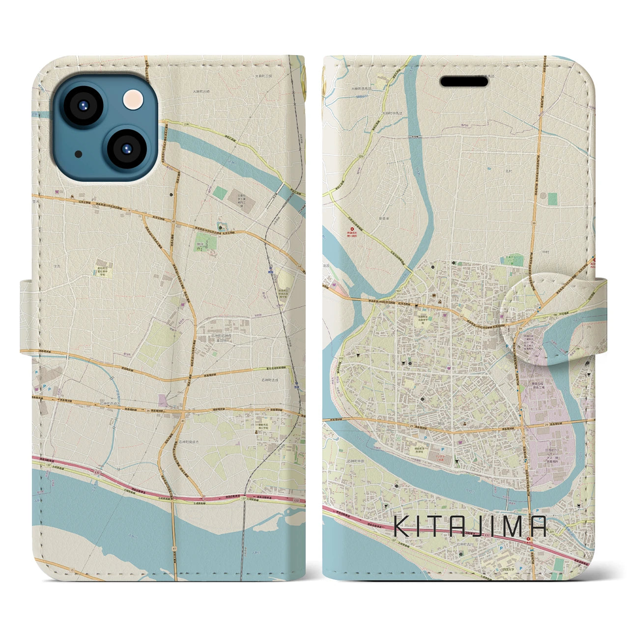 【北島(徳島県)】地図柄iPhoneケース(手帳タイプ)ナチュラル・iPhone 13 用