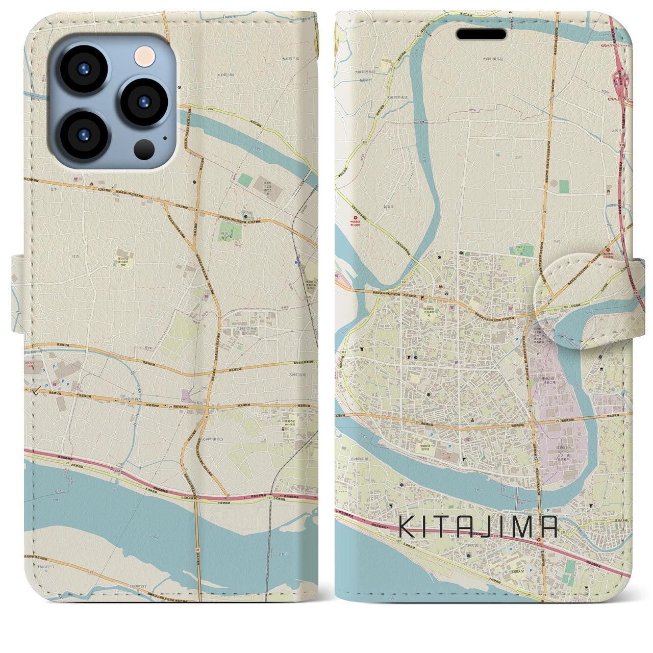 【北島(徳島県)】地図柄iPhoneケース(手帳タイプ)ナチュラル・iPhone 13 Pro Max 用
