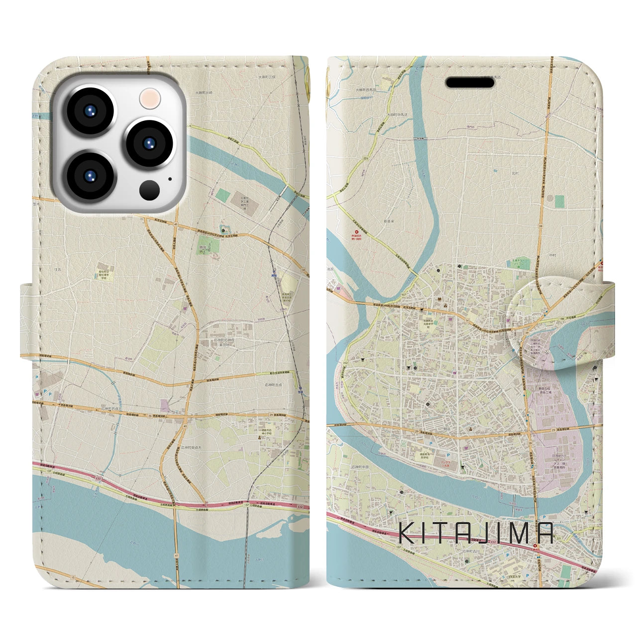 【北島(徳島県)】地図柄iPhoneケース(手帳タイプ)ナチュラル・iPhone 13 Pro 用