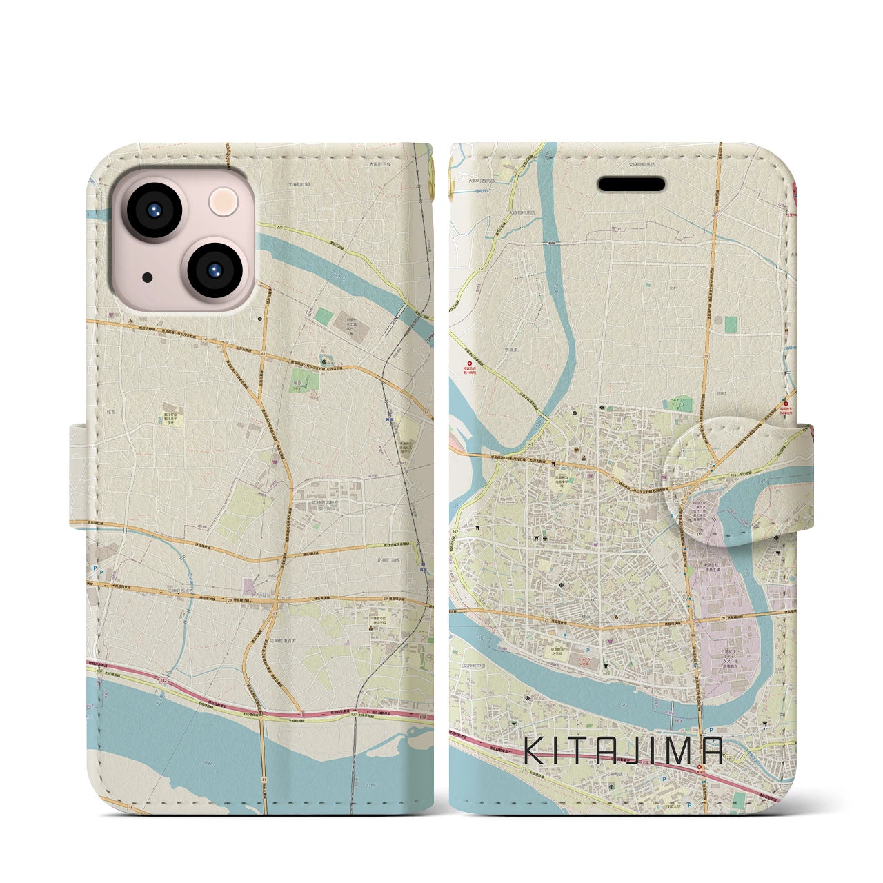 【北島(徳島県)】地図柄iPhoneケース(手帳タイプ)ナチュラル・iPhone 13 mini 用