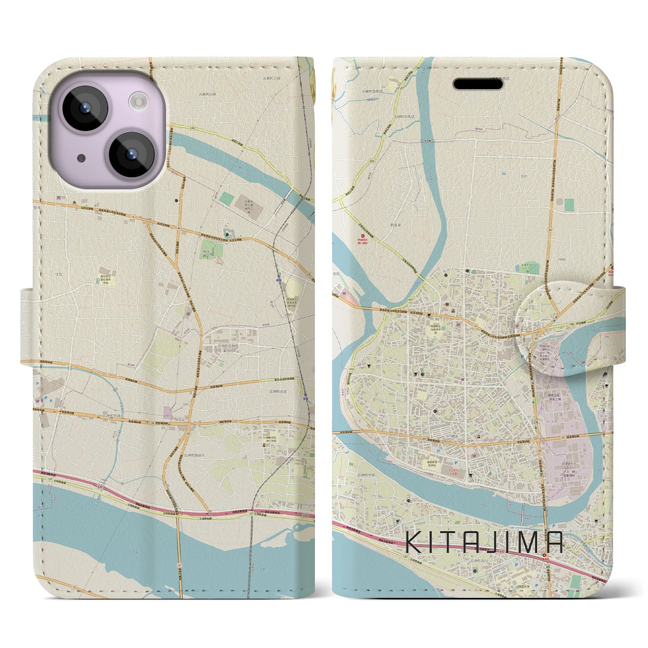 【北島(徳島県)】地図柄iPhoneケース(手帳タイプ)ナチュラル・iPhone 14 用