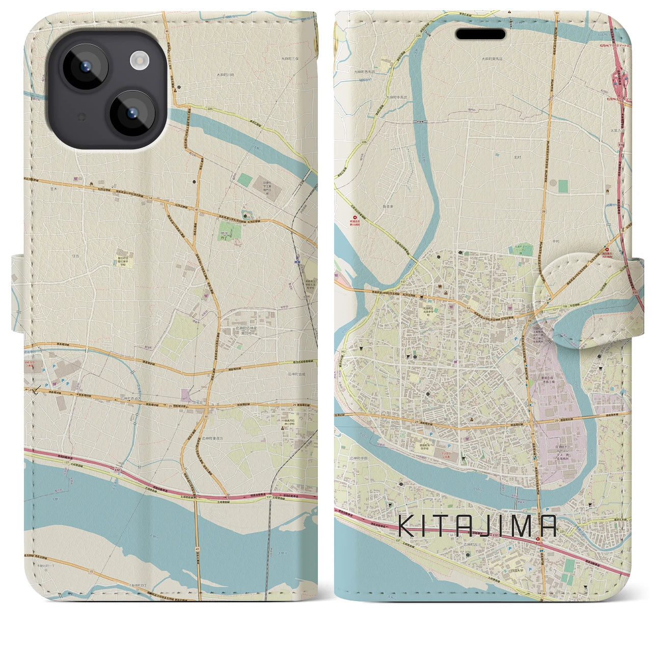 【北島(徳島県)】地図柄iPhoneケース(手帳タイプ)ナチュラル・iPhone 14 Plus 用