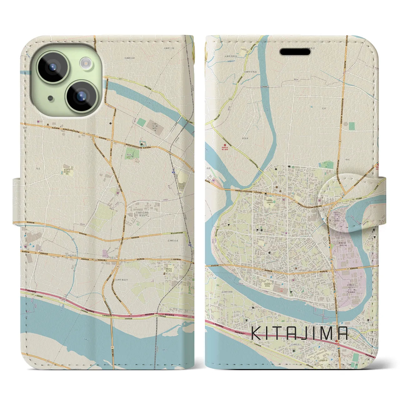 【北島(徳島県)】地図柄iPhoneケース(手帳タイプ)ナチュラル・iPhone 15 用