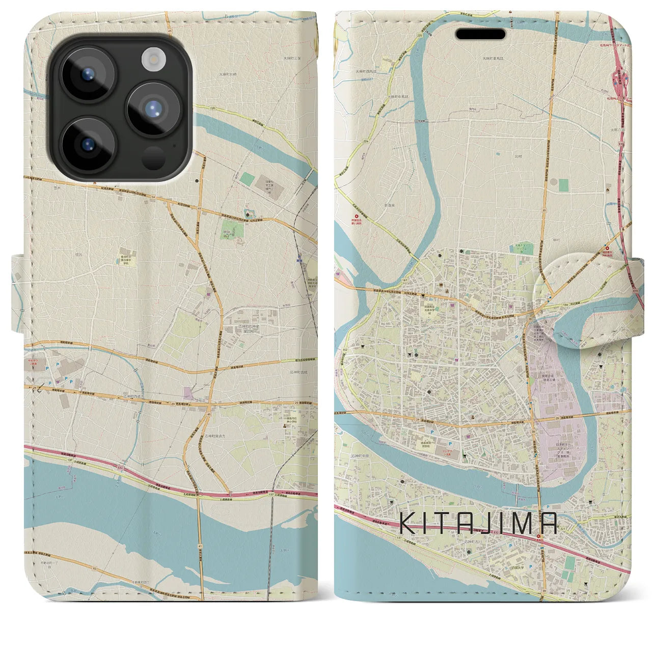 【北島(徳島県)】地図柄iPhoneケース(手帳タイプ)ナチュラル・iPhone 15 Pro Max 用