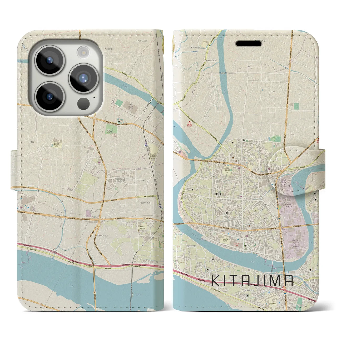 【北島(徳島県)】地図柄iPhoneケース(手帳タイプ)ナチュラル・iPhone 15 Pro 用