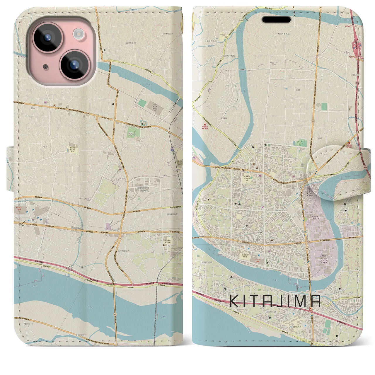 【北島(徳島県)】地図柄iPhoneケース(手帳タイプ)ナチュラル・iPhone 15 Plus 用