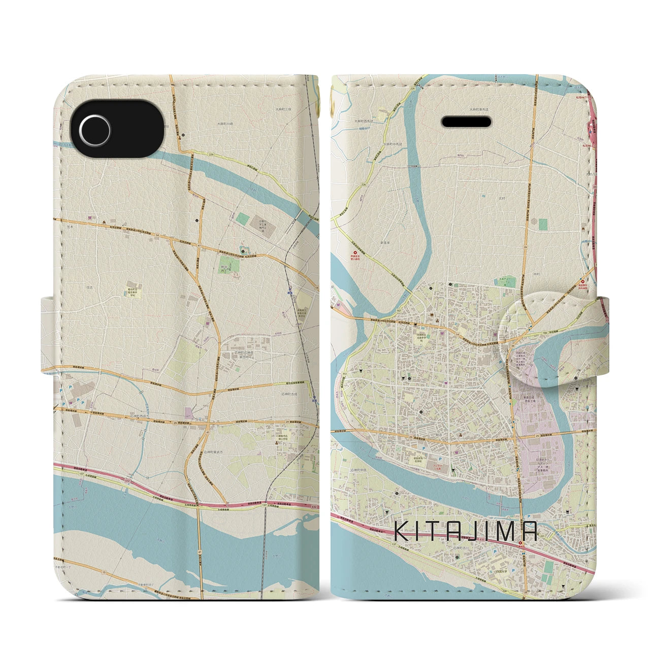 【北島(徳島県)】地図柄iPhoneケース(手帳タイプ)ナチュラル・iPhone SE(第3 / 第2世代) / 8 / 7 / 6s / 6 用